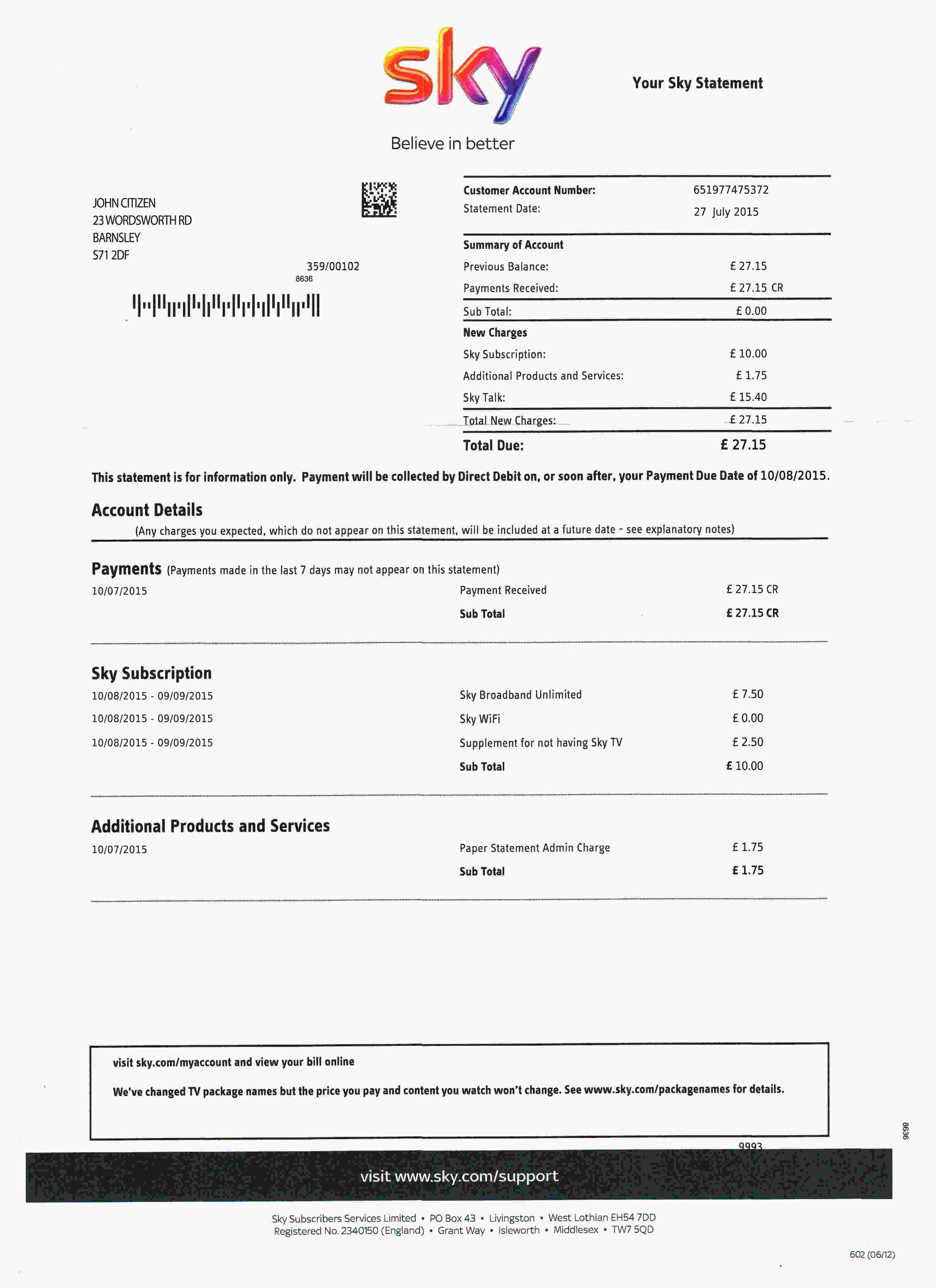United Kingdom Sky utility bill template, fully editable in PSD format